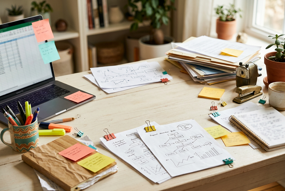 Playful deadline-chaos desk scene